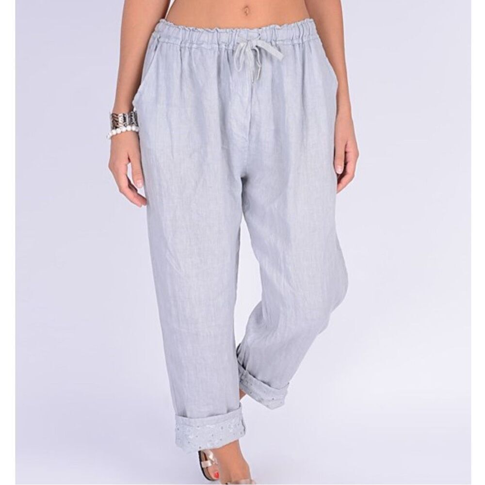 Ornella Paris Light Gray Cuff-Hem 100% Linen Soft Pants with Pockets Size XL NWT